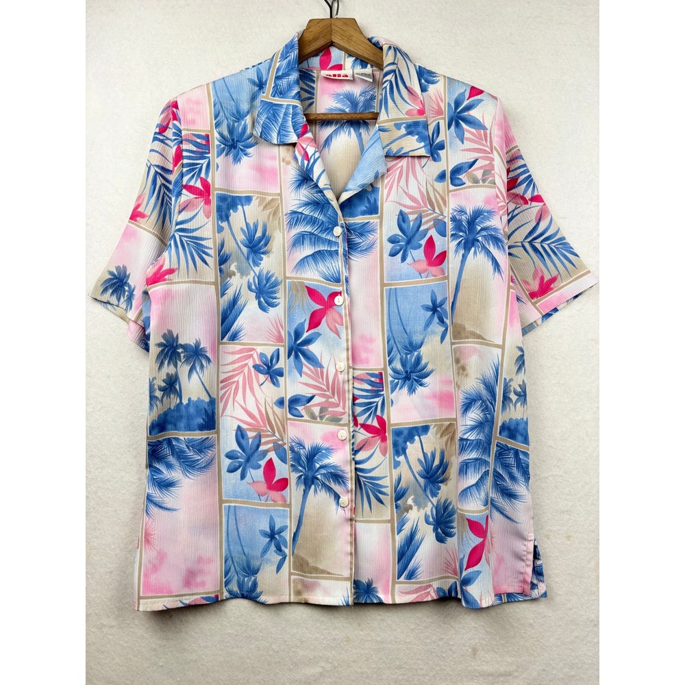 Alia‎ Tropical Palm Print Button Up Shirt Womens 16W Vintage 80s Coastal Top
